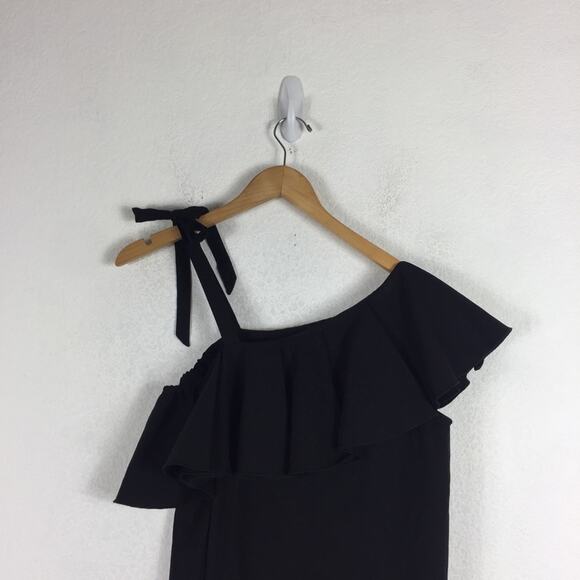 Sea NY Black Ruffle Off Shoulder Mini Dress Small Button Loose Linen Shirtdress - Picture 12 of 14